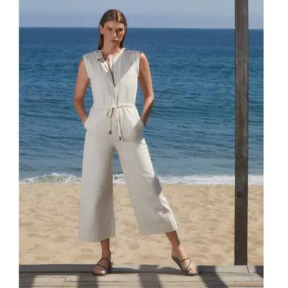 G Label by Goop Huntington Utility Jumpsuit Womens 0 Cream Cotton Linen Wide Leg - Picture 14 of 15